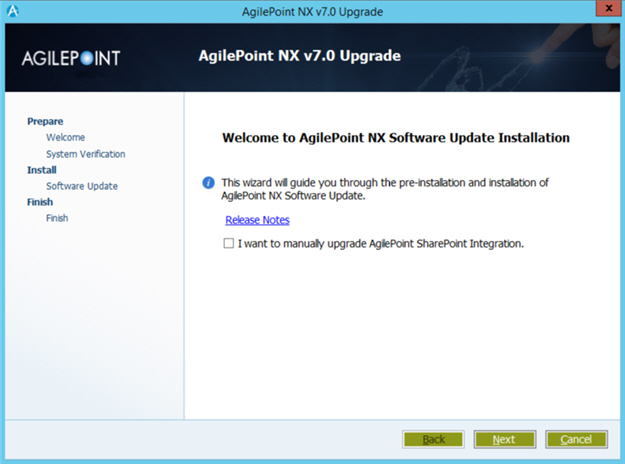 Welcome To AgilePoint NX Software Update Installation screen