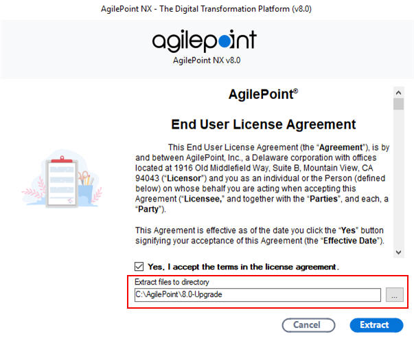 End User License Agreement for AgilePoint Software screen