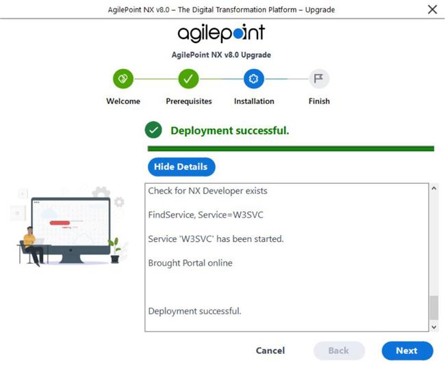 Deployment Successful screen Upgrade Installer