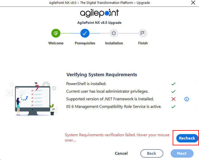 Verifying System Requirements Error screen Upgrade Installer