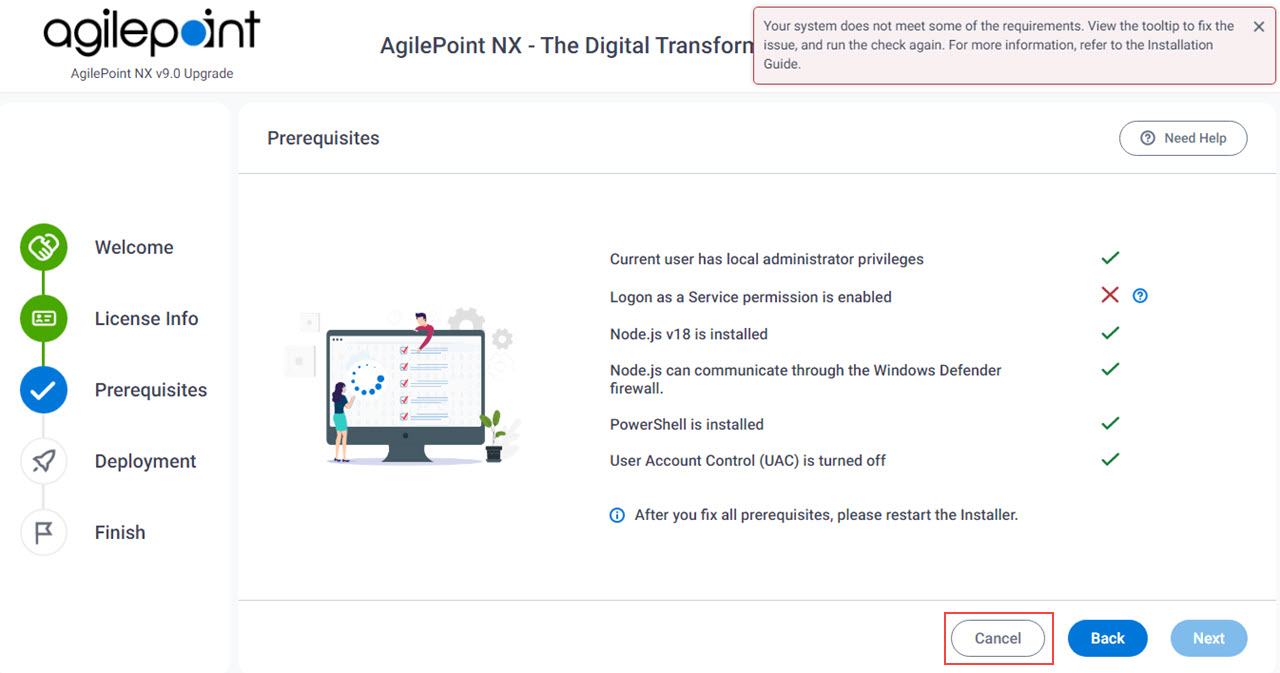 Verifying System Requirements Error screen Upgrade Installer